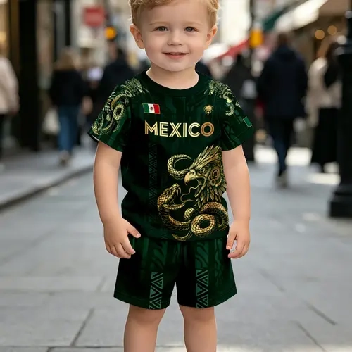 Boys' Gold Eagle Snake Totem Soccer Short Sleeve & Shorts Two-Piece Set for Summer, Fashion Outdoor Sports Set, Gift Idea