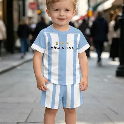 Kids Argentina Championship Print Active Sports Set, Blue Stripes Quick-Dry Two-Piece, Sporty Tee Set, Fashion Outdoor Wear, Birthday Gift, Holiday Gift, Athletic Set
