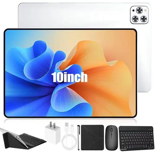 【TechVibes】10.1‑Inch Android 15 Tablet with 4GB RAM, 64GB Storage, Dual SIM, IPS 1280x800 Display, 5MP+13MP Camera, 5000mAh Battery, Radio, USB Adapter, Wireless Card & Keyboard Mouse Stylus Case Rear Remote Bluetooth Charging, Screen, Electr