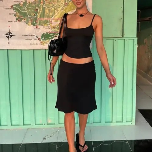 Women's Minimalist Solid Color Two-piece Set, Casual Fitted Set, Basic Sleeveless Cami Top & Short Skirt Set, Backless Adjustable Spaghetti Strap Camisole & Skirt, Ladies Summer Outfits for Parties, Clubs, Dates & Holidays, Casual Clothes