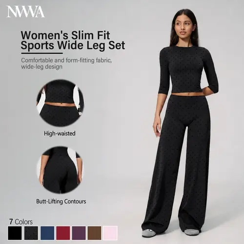 Women's 2-Piece Athleisure Outfits - High Elasticity Nylon Fabric Wide-Leg Pants, Short/Half Sleeve Tummy Control Top, Female All Seasons Matching Workout Sets for Gym Yoga Lounging