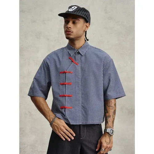 Men's Black And White Plaid Summer Streetwear City Break Short Sleeve Chinese-Style Button-Up Retro Oblique Collar Shirt
