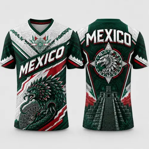 Men's Short-Sleeve V-Neck Mexico Jersey T-Shirt - Unisex, Aztec Eagle Graphic, Breathable Mesh Fabric, Casual Top