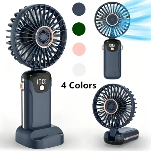 Portable Palm-Size Cordless Handheld Pocket Fan with 5-Speed Control, USB Rechargeable, Digital Display Battery Indicator, Adjustable Detachable Base for Hands-Free Use, Travel-Light Cooler for Outdoor Camping | Household Portable Fans