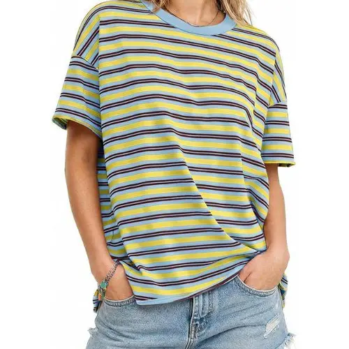 Fisoew Women's Oversized Lightweight Soft Jersey T-Shirt - Crew Neck, Drop Shoulder, Short Sleeves, Basic Colorful Striped, Blue-Yellow, Green-Black, Casual Trendy Tee, Summer Everyday Top