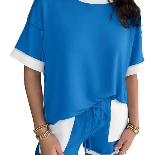 Women's 2-Piece Colorblock Loose Athletic Tracksuit - Cotton-Elastane Roundneck Oversized Breathable Sweatshirt, High-Waisted Soft Comfy Shorts, Flexible Sporty Set with Vivid Color Retention, Ideal for Casual Days & Workout
