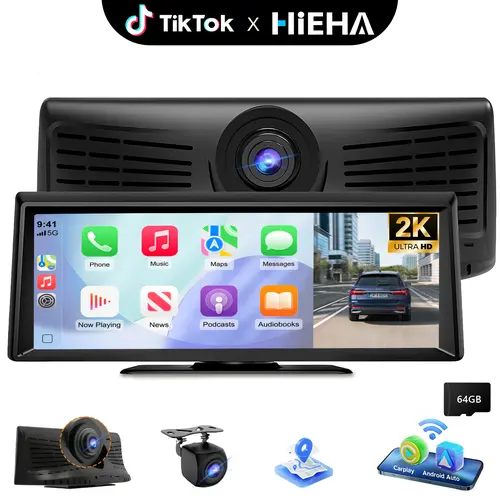 HiEHA 8.14" HD Wireless CarPlay Portable Car Video Player (Car Accessories, Vehicle Accessory) - 2K Front Dash Cam, 1080P Backup Camera, Touch Control, GPS, Mirror Link, Bluetooth/FM/AUX, Plug-and-Play, 64GB TF Card Included, Supports YouTube & TikTok