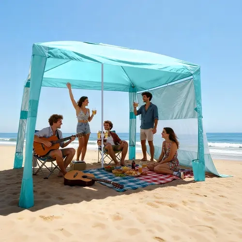 VEVOR 8x8 ft Portable Beach Tent, Lightweight Canopy with 210D Fabric, UPF 50+ Sun Protection, Breathable Mesh, Cup Holders, Adjustable Height, Roomy Space, 1-Person Easy Install for Family Camping