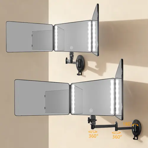 Umitec Mini Wireless Rechargeable 1500mAh LED Lighted HD Glass Trifold 3-way Mirror - Small Wall-Mounted, Removable Tabletop, 360-Degree Rotatable, with Protective Film for Makeup, Shaving - Christmas, Thanksgiving, Anniversaries Home Decor Lighted Mirror