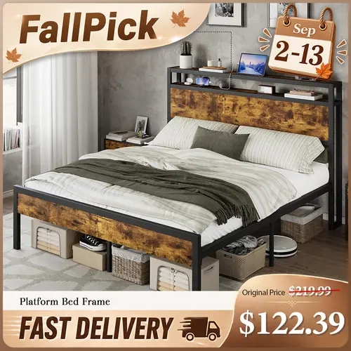 VanAcc Bed Frame with Storage Headboard & Charging Station, Industrial Metal Platform Bed with Large Under-Bed Storage, Heavy Duty Slats, No Box Spring Needed #TikTokShopFallDealsForYou