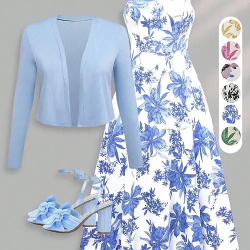 Women's French Style Printed Long Dress Set Casual Romantic Summer Dress for Dates, Vacation and Beach Photoshoot