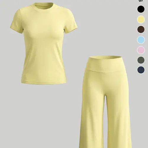 Women's Sporty 2-Piece Set Yoga Active Wear, Solid Color Short Sleeve Top + 7/8 Pants, Fitted Round Neck T-Shirt, High Waist Wide Leg, Yoga & All Seasons