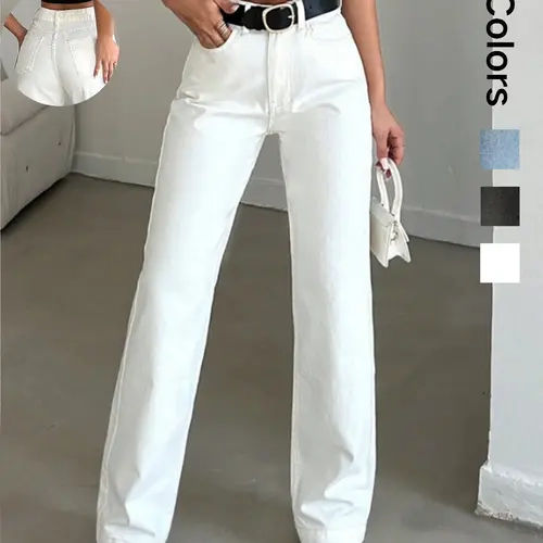 Women's Straight Leg Jeans, Casual Fashion Pants, Comfortable Fit, All Seasons, Mid Waist, Button Fly, Plain Pattern, Daily Wear, Fashion Jean Bottoms