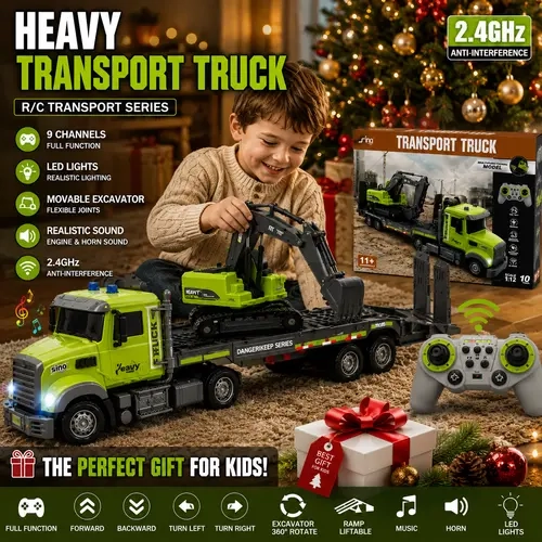 1:12 Scale Remote-Operated Alloy Semi-Trailer Tractor Heavy Transport Truck Set - 11-Piece Dual-Mode Kids Toy with Truck-Excavator Swap, LED Lights, Sound & Light Fun, Battery-Powered, Ideal Gift for Boys Ages 6+