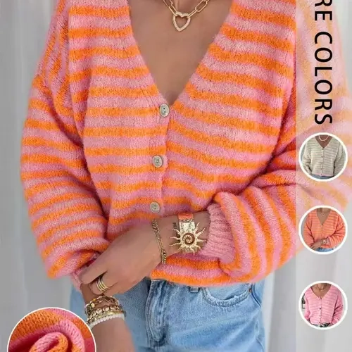 Women's Colorblock Striped Cute Knit Cardigan, Soft V-Neck Long Sleeve Single-Breasted Loose Knitwear, Daily Commute & Casual Wear