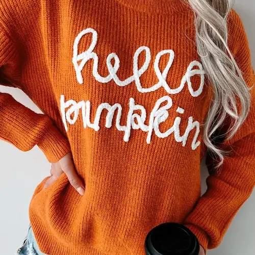 Women's Pullover Sweater Knitwear Tops, Halloween Fall Winter, Casual Embroidered Round Neck Long Sleeve, Fitted Style for Daily Wear and Parties