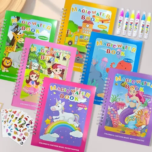 Sticque 6pcs Compact Vibrant Paint-with-Water Picture Books for Toddlers - Illustrated Activity Book, Doodle Set, Drawing Art Supplies, Alphabet Focus, Carryon Friendly Transportation Travel Toy