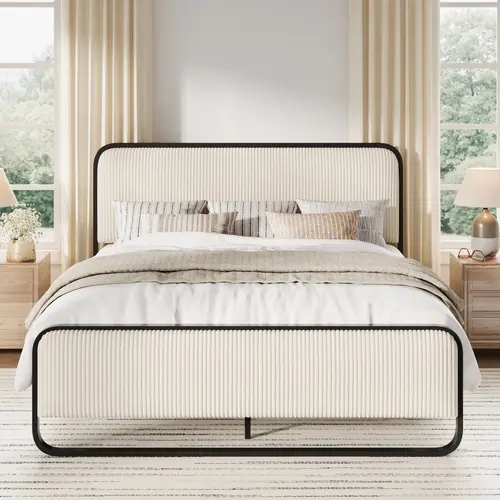 SHA CERLIN Bauhaus Style Platform Bed Frame, Curved Upholstered Headboard, Metal Structure, Corduroy or Beige Linen Fabric, Full Size Bed, Queen Option, King Size Variant, Bedframe, Upholstered Bed Frames, sohochic