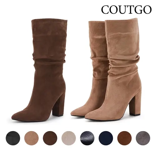 Coutgo Womens Winter Slouchy High Heel Boots Mid Calf Suede Slip on Chunky Block Pointed Toe Boots