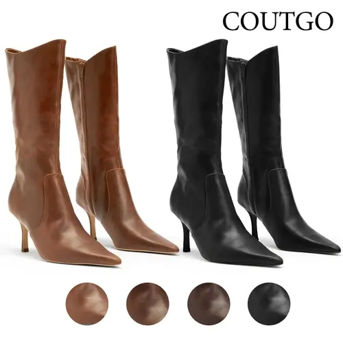 Coutgo Womens Mid Calf Boots Pointed Toe High Heel Long Boots Side Zipper Winter Dress Shoes