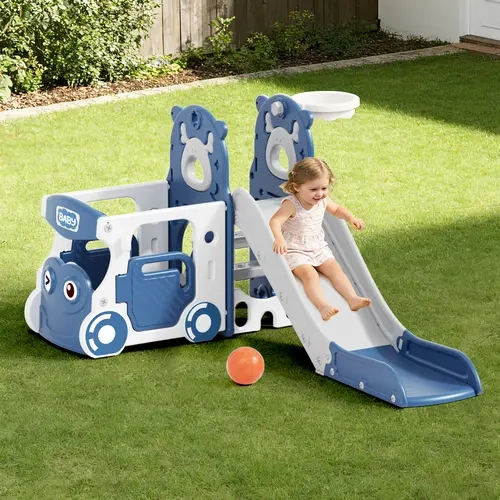 KORIMEFA 5 in 1 Toddler Slide, Indoor Outdoor Kids Slide with Climber and Basketball Hoop, Bus Themed Toddler Playground for Kids Age 1-3, dealforyoudays Play Equipment Play Yard Toddler Slide Playset Home Playground Equipment