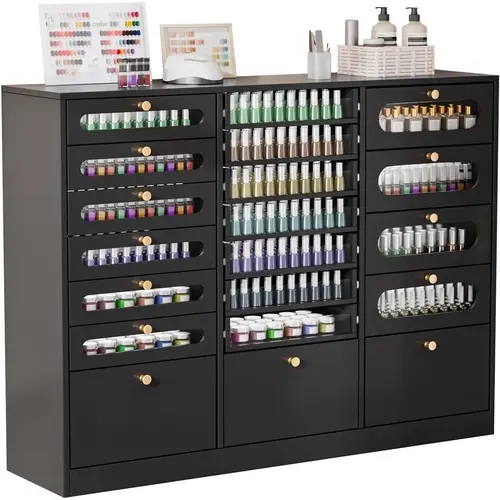 OmySalon Nail Polish Organizer Cabinet with Drawers, Large Nail Salon Storage Cabinet for Nail Polish, Powder & Beauty Supplies, Wooden Salon Furniture,dorm essentials,home decor