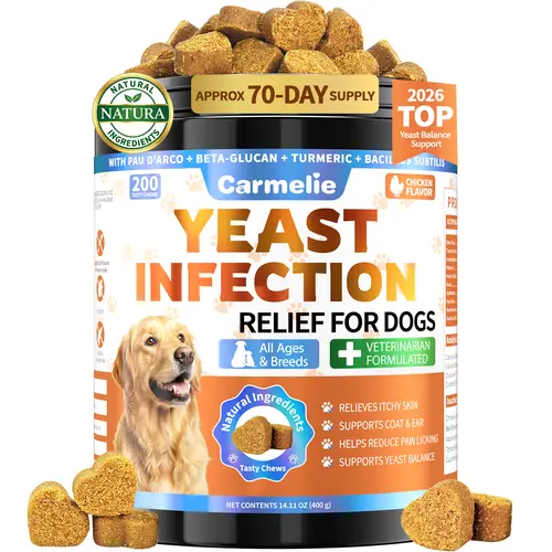 Carmelie Yeast Infection Treatment for Dogs, 200 Chews Yeast Balance Healthy Itch Relief, Ear & Paw Odor Care, Allergy Supports, Helps Relieve Yeast Overgrowth,  Chicken Flavor, Safe for All Ages Dogs