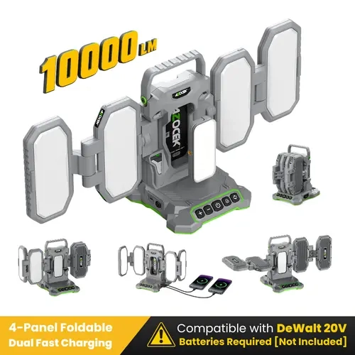 Azocek 10000LM LED Work Light for Dewalt 20V Battery, Cordless Portable Flood Light, 4-Panel Foldable Job Site Light Tower with Detachable Magnetic Mini Flashlight, Rechargeable Emergency Camping Lamp [Battery Not Included]