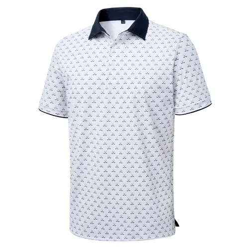 AMZPURE Men's Fitted Contrast Collar Printed Half-Sleeve Dry Polo Shirt - Comfortable, Breathable, Lightweight, Moisture-Wicking, Stretchy Poly Spandex, Sporty Chic, for Outdoors, Office Business Casual Tops