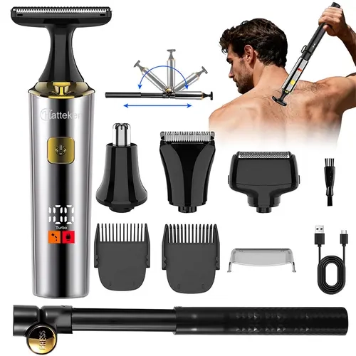 Hatteker 4-in-1 Adjustable Cordless Electric Men's Foil Shaver & Barber Trimmer Kit - Rechargeable Battery, Extendable Auxiliary Arm, Nose Trimmer, Dual-Speed Mode, IPX6 Waterproof, Smooth Skin-Safe Blade, Multiple Heads, Easy Cleansing Full-Body Groomer