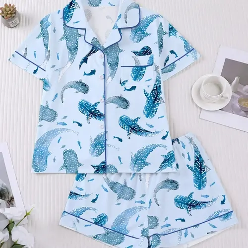 Women's 2-Piece Pajama Set Pyjamas, Pajama Nightwear Set, Nightwear Outfit, Shark Print Short Sleeve Button Shirt & Elastic Shorts, Elegant Fitted Sleepwear for All Seasons, Comfortable Home Loungewear