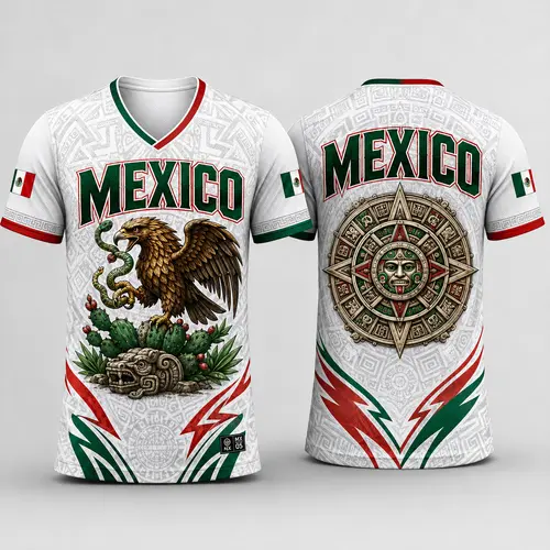 Men's V-Neck Graphic T-Shirt with Mexico Aztec Print, Eagle Serpent Front and Calendar Back, Casual Streetwear for Soccer Fans and Parties, Party, Mexico Aztec Shirt