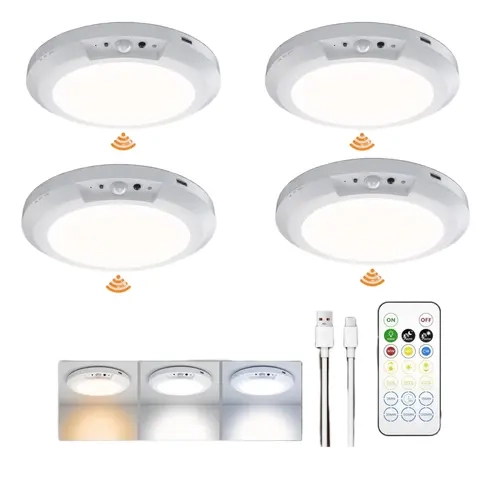 Pack of 4/3/2Rechargeable Motion Sensor Ceiling Light with Remote - Magnetic Wireless Ceiling Light Battery Powered for Closet Shower  Shed Hallway Porch Patio ect,Suitable for various scenarios, easy to install,Supports both motion-sensing and always