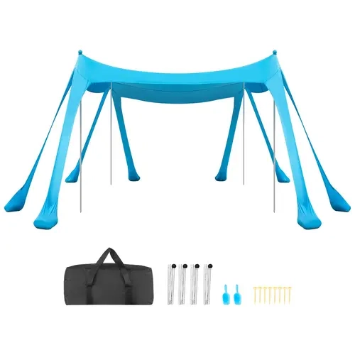 VEVOR 10x10ft Sturdy Foldable Beach Cabana, UPF50+ 180g Outdoor Pop Up Shade, 6.6ft Tall Aluminum Unit with Sand+Stake Anchoring, Sandbags, Poles, Shovels, Windproof for Family Fishing, Blue Outdoor Furniture Patio Umbrella Supplies