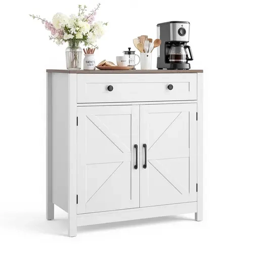 VEVOR Rustic Wood & Particle Board Cabinet with Storage - Coffee Bar Station, Entryway Table, Kitchen Buffet Sideboard with Drawer, 2 Barn Doors, Adjustable Shelves, Anti-Tip Kit (29.5x14.7x31.5in White)#SohoChic