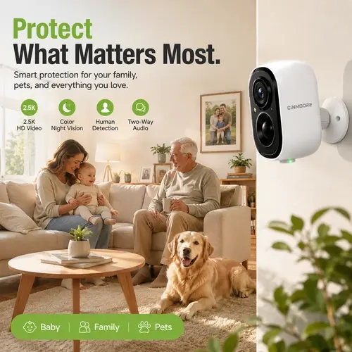 CINMOORE Wireless Security Camera & System - 2.5K HD, Human Detection, Magnetic Motion Detection, Color Night Vision, 2-Way Audio, MicroSD Slot, Storage, Cells, Family Baby Monitor Device