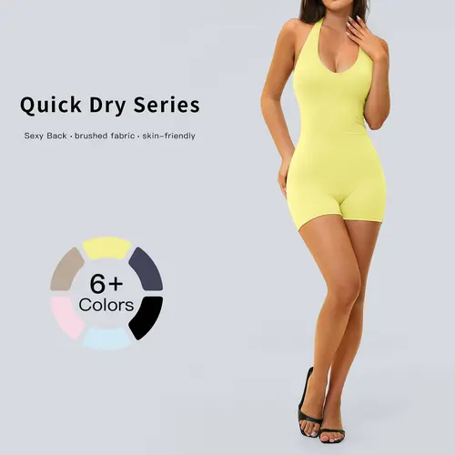 TENWOLF Female Slim-Fitting Halter V-Neck Stretchy Shaping Jumpsuit - Butt-Lifting Shorts, Sportswear Jumpsuits, Gym Workout Apparel, Training Clothes