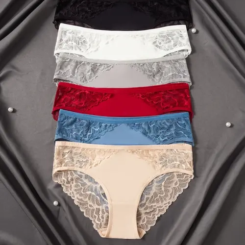 6-Pack Women's Underwear - Floral Lace Seamless Panties, Semi-Sheer Briefs with Delicate Lace Trim, Mid-Rise Suitable for Daily Wear, Stretchy Breathable Solid Color Base & Lace Design, Hand Washable Basic Panty Liners