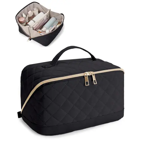 Women's Wandering Nature Minimalist Fabric Travel Cosmetic Storage Bag - Large-Capacity Quilted On-the-Go Make-Up Bag, Open-Flat Toiletry Organizer Kit with Divider, Handle, Easy-Clean PVC, Multi-Function Design, Patent Pending