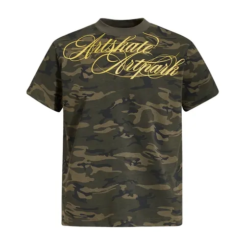 inflation Men's Retro Camouflage Cotton Graphic Tee - Loose Oversized Round Neck with Golden Cursive Print, Fashion Streetwear Men's Top