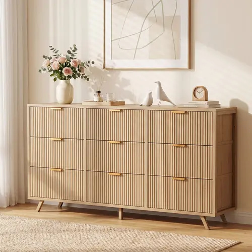 DUMOS 9-Drawer Fabric Dresser for Bedroom - 57" Fluted Wooden Cabinet with Reinforced Base, Modern TV Stand for 35/45/55-Inch TV, Home & Bedroom Decor Organizer for Room Storage Organization
