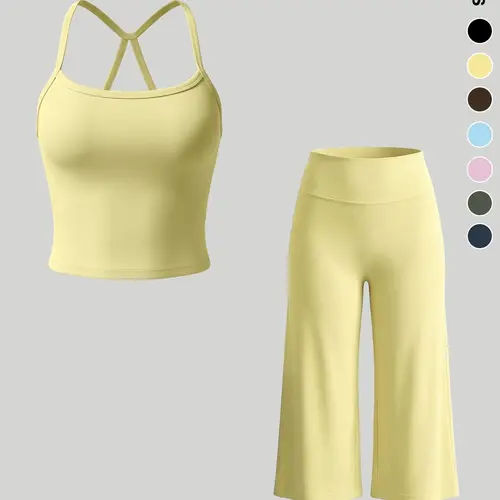 【Black Friday】Women’s Sporty 2-Piece Set with Tank Top and High-Waisted Wide-Leg Pants, Breathable Solid-Color Outfit for Yoga, Casual Wear, and Lounging at Home