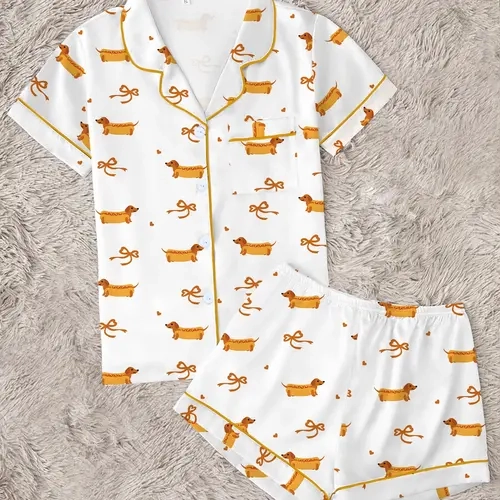 Quirky Wiener Dog & Bow Print 2-Piece Pajama Set for Women, Cute Dachshund Pattern Button-Up Short Sleeve Top & Shorts, Summer Lounge Set, Fun Pet Lover Gift, Nightwear