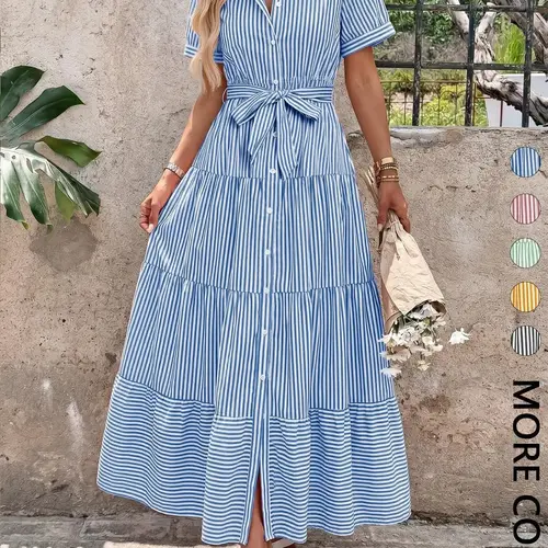 Women's Striped Short Sleeve Long Casual Shirt Dress, Daily Wear, Vacation, Beach, Outdoor Essential, Comfortable and Stylish