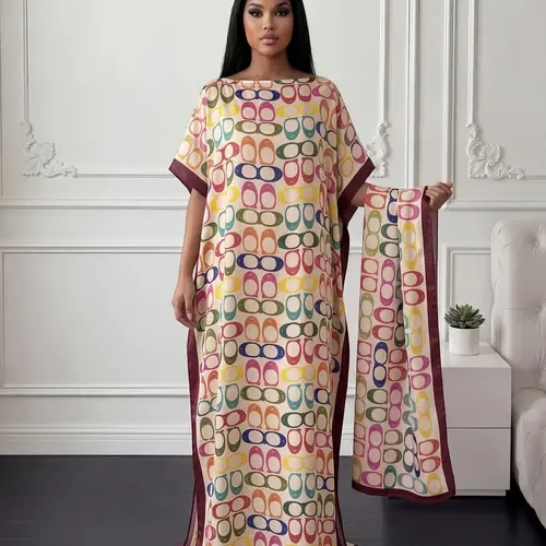 Elegant Geometric Print Kaftan Set, Loose Short Sleeve Long Robe and Matching Scarf, Women's Sun-Protection Swimsuit Cover-Up for Beach