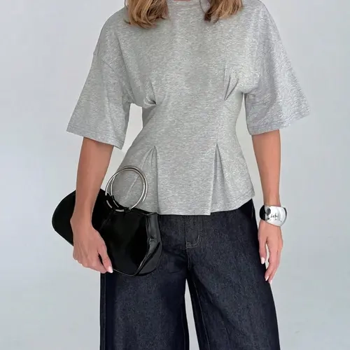 Elastic Waist Ruffle Hem Short Sleeve Top, Basic Top, Casual Minimalist Style Versatile Daily Commute Office T-Shirt, Comfortable and Stylish Design