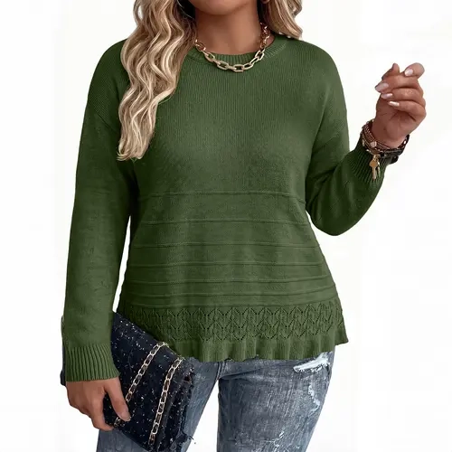 Eytino Plus Size Sweaters for Women Round Neck Long Sleeve Ruffled Hem Knit Crochet Pullover Sweater Tops(1X-5X)
