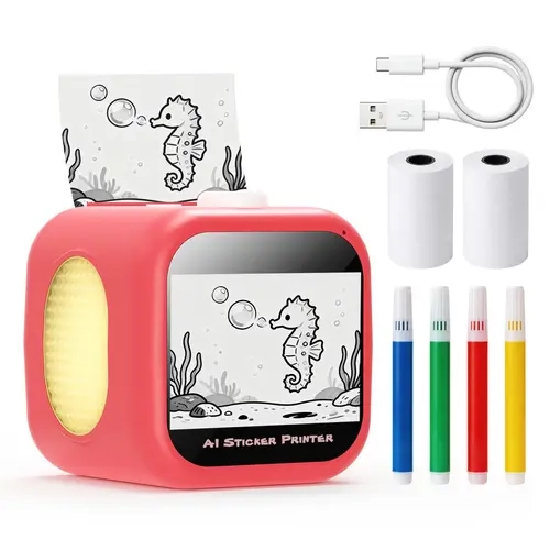 FUNNYPANDA 2btzc-a68 AI Voice Recognition Sticker Printer for Kids Age 3+, Portable Size Thermal Inkless Screen-Free Printer with Power Adapter, 2 BPA/BPS-Free Paper Rolls, 4 Colored Pencils, Kid-Safe, No App Needed, FCC ID Certified, Summerwins