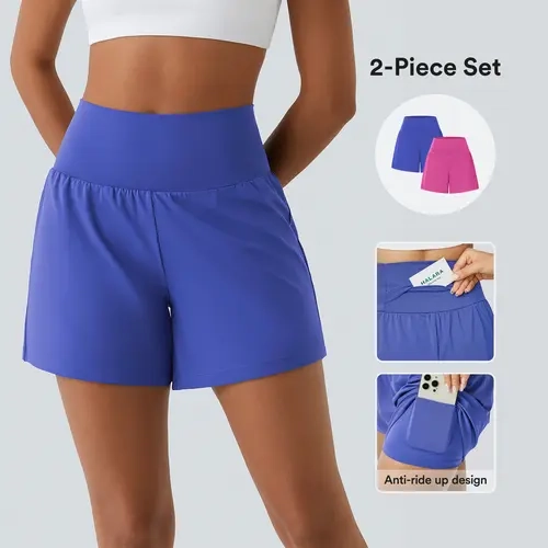 Halara 2-Pieces Super High Waisted Back Pocket & Side Hidden Pocket 2-in-1 Yoga Shorts Set 5''-Longer Length