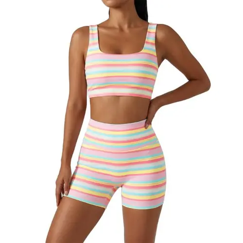 FISOEW Women's 2-Piece Workout Set - Rainbow Stripe Sleeveless Crop Tank & High-Waist Biker Shorts, Breathable Stretch 80% Polyester 20% Spandex, Medium-High Compression for Gym Running Training